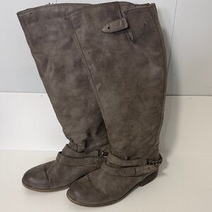 Madden Girl riding boots with a gray/taupe suede-like finish